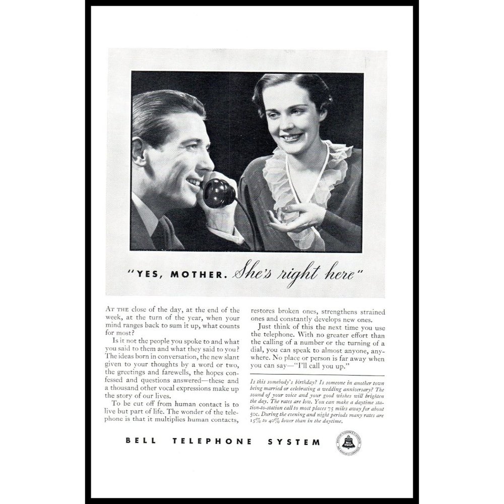 1934 Bell Telephone System Vintage Print Ad Husband Wife Long Distance Wall Art